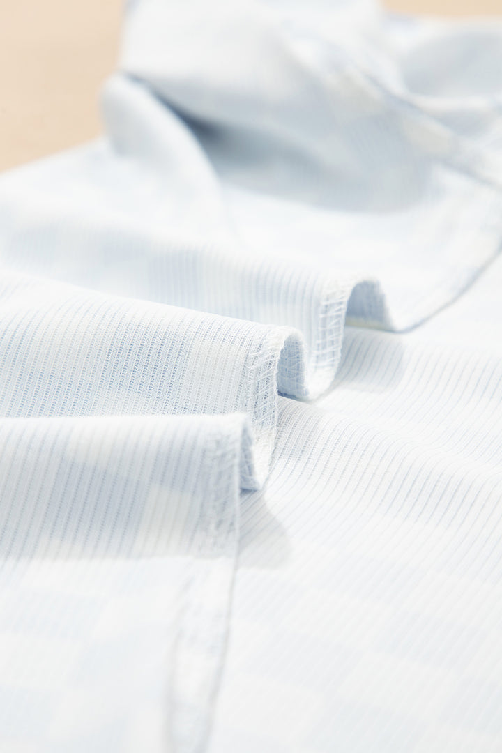Sky Blue Checkered Ribbed Slim Fit Crew Neck T Shirt