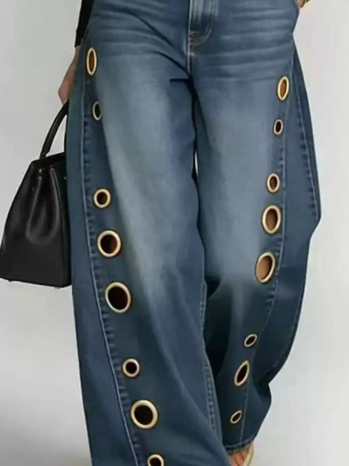 Wide Leg Jeans with Eyelet Details