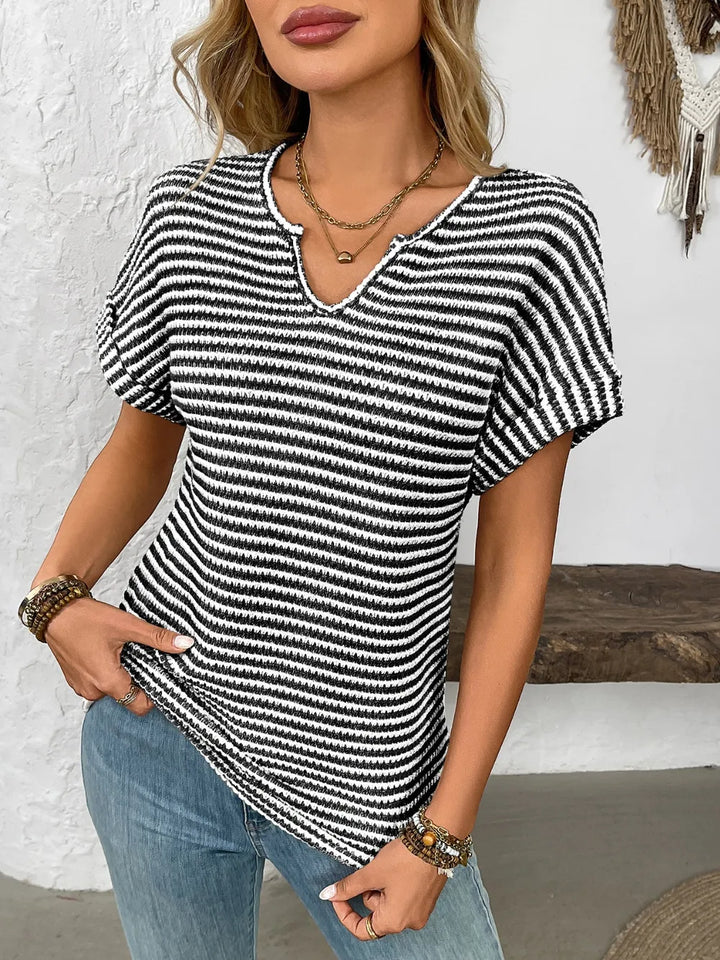 Striped Notched Short Sleeve T-Shirt