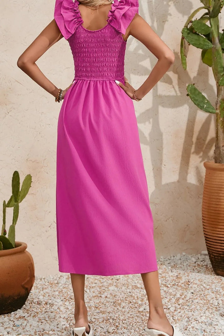 Solid Color Ruffled Straps Smocked Ruched Maxi Dress
