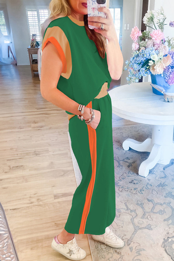 Dark Green Color Block Detail Casual Two-piece Set