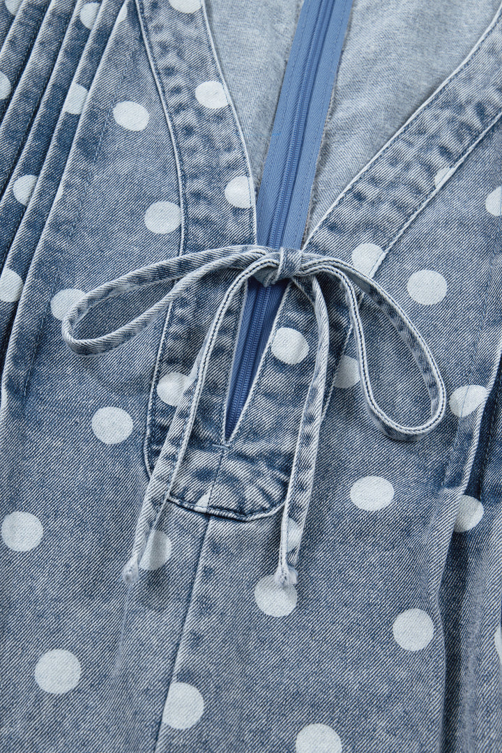 Sky Blue Polka Dot Print Tie V Neck Pleated Loose Denim Romper