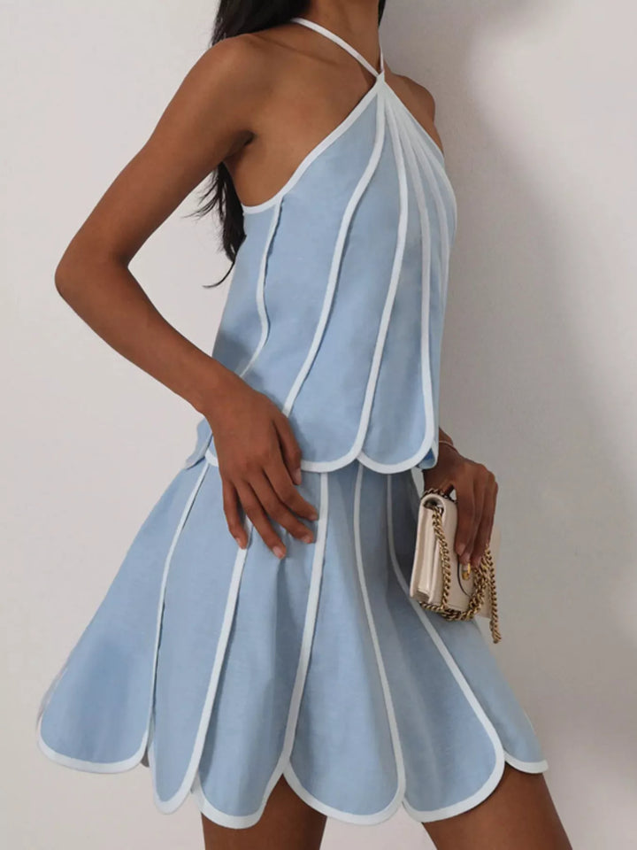 Contrast Trim Halter Neck Top and Skirt Set