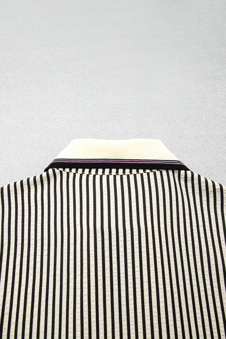 Black Stripe Patchwork Striped V Neck Tunic Plus Size Blouse