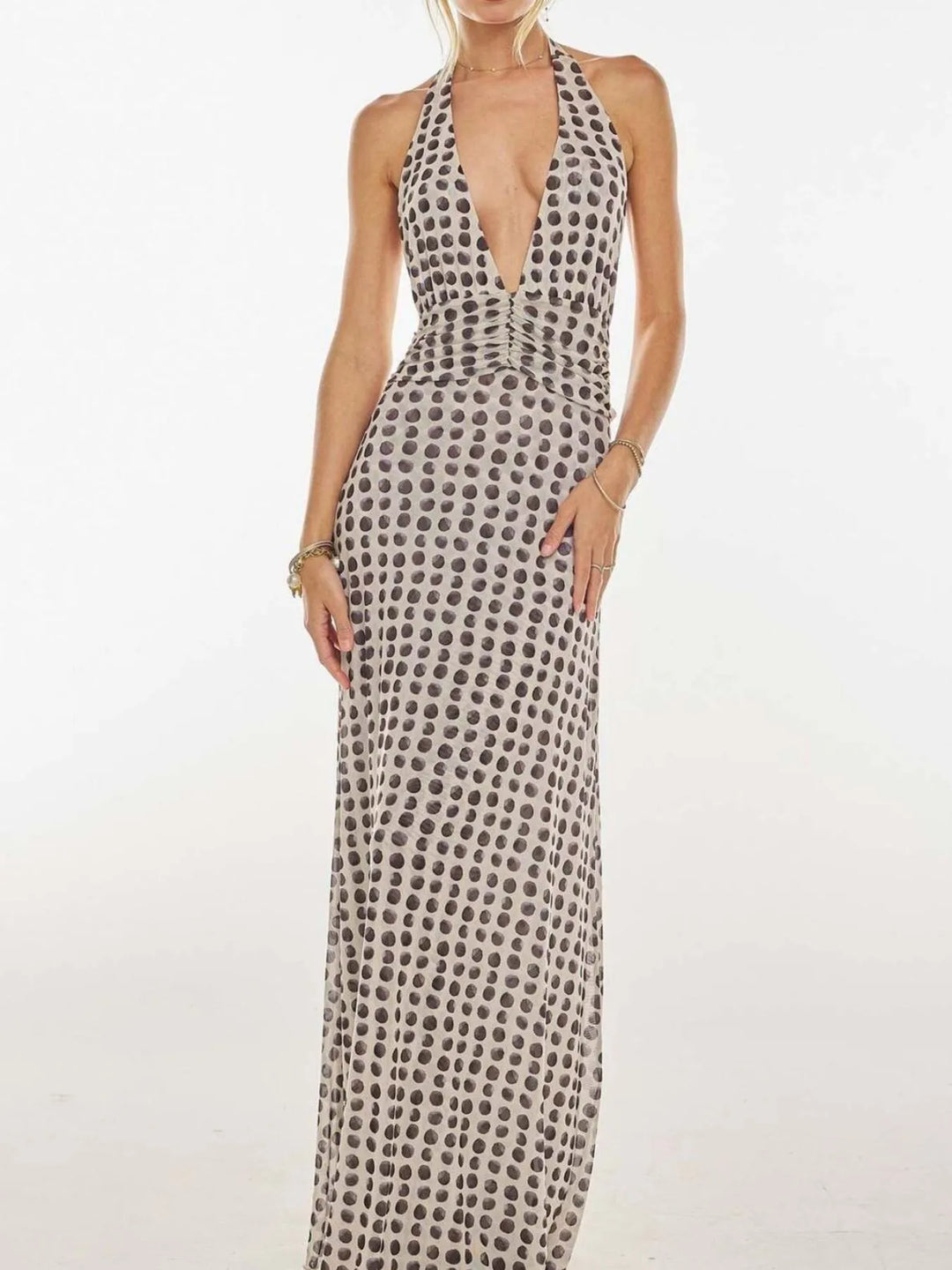 Floral Halter Neck Deep V Maxi Dress