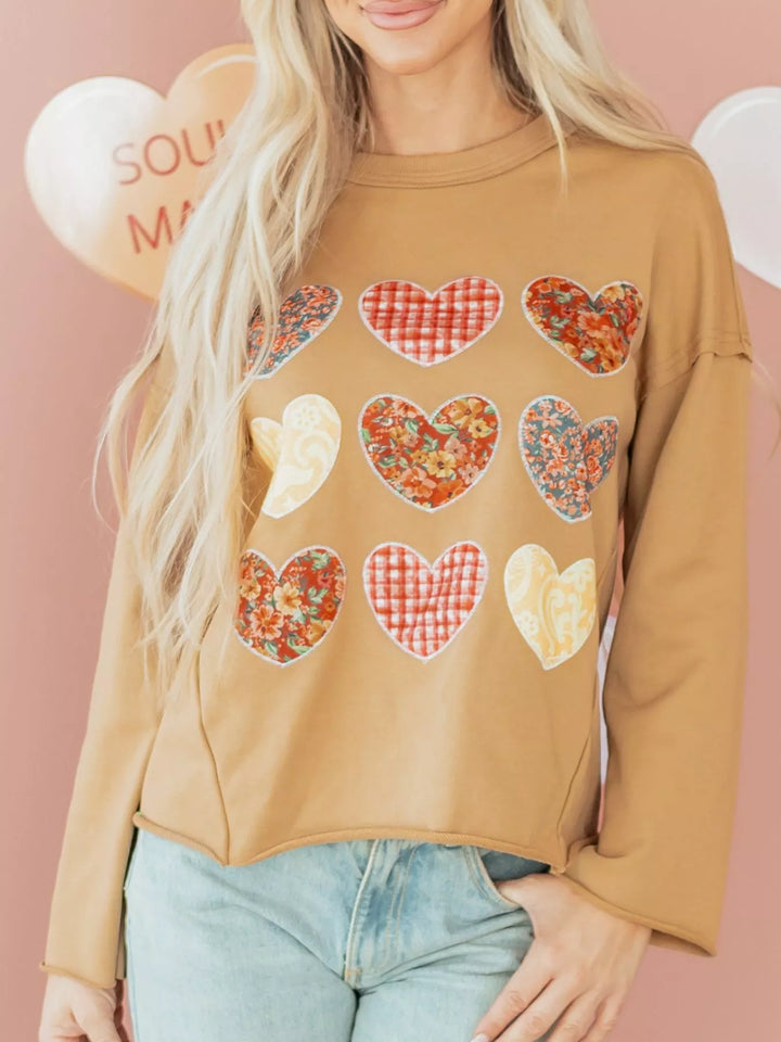 Plaid Floral Heart Stitched Exposed Seam Mineral Wash Sweatshirt