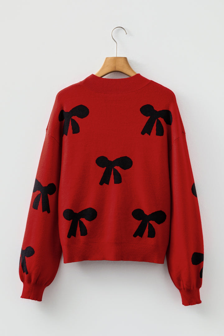 Racing Red Pearl Embellished Bow Pattern Loose Sweater