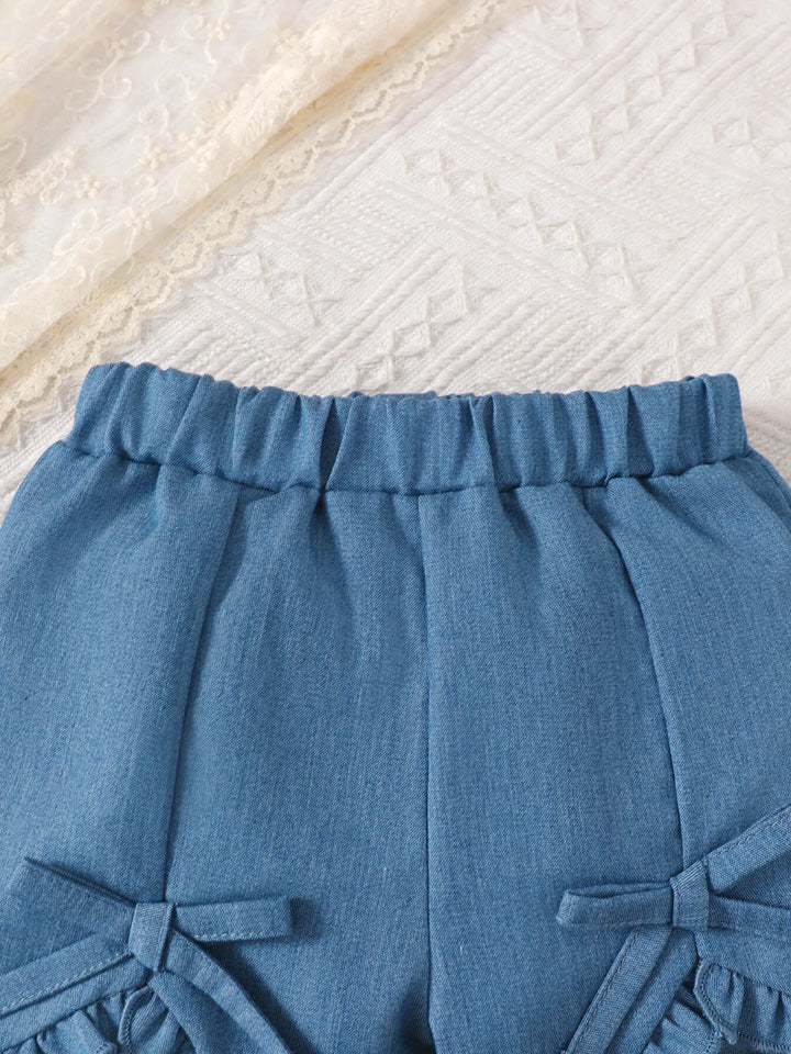 Children's Bowknot Ruffle Trim Top and Shorts Set