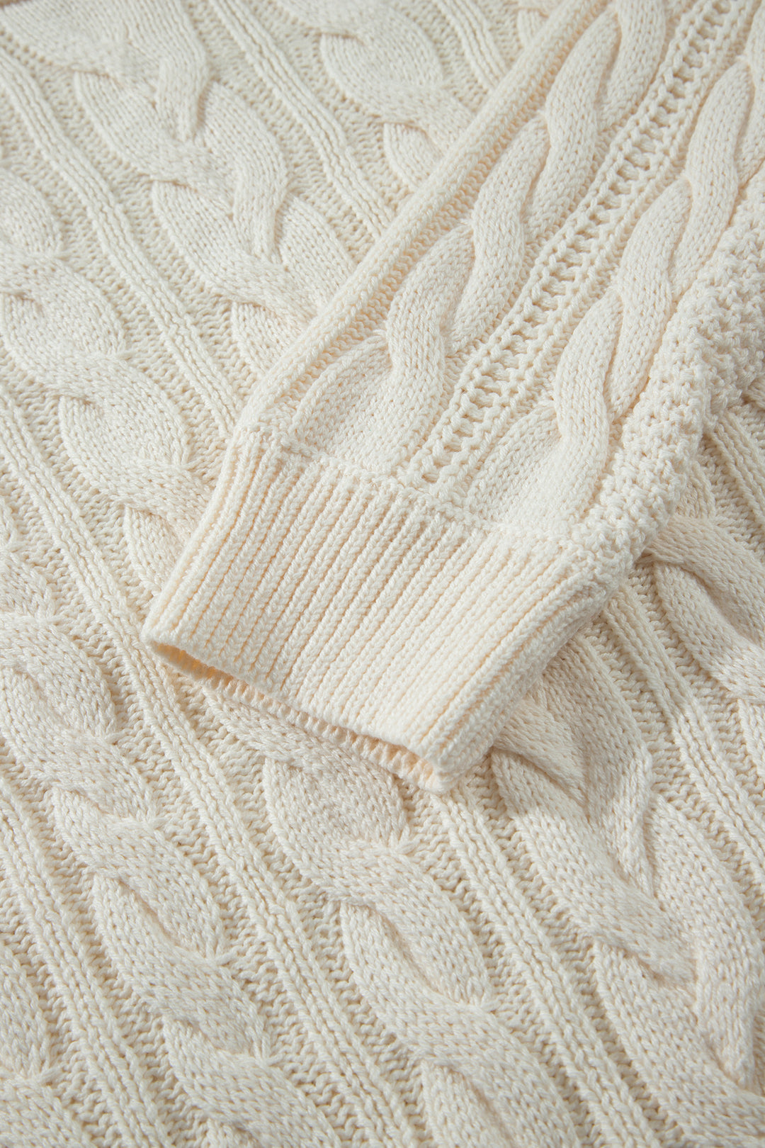 Beige Drop Shoulder Round Neck Cable Knit Sweater
