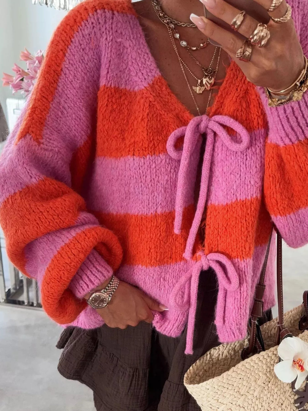 Striped Tie-Front Knit Cardigan