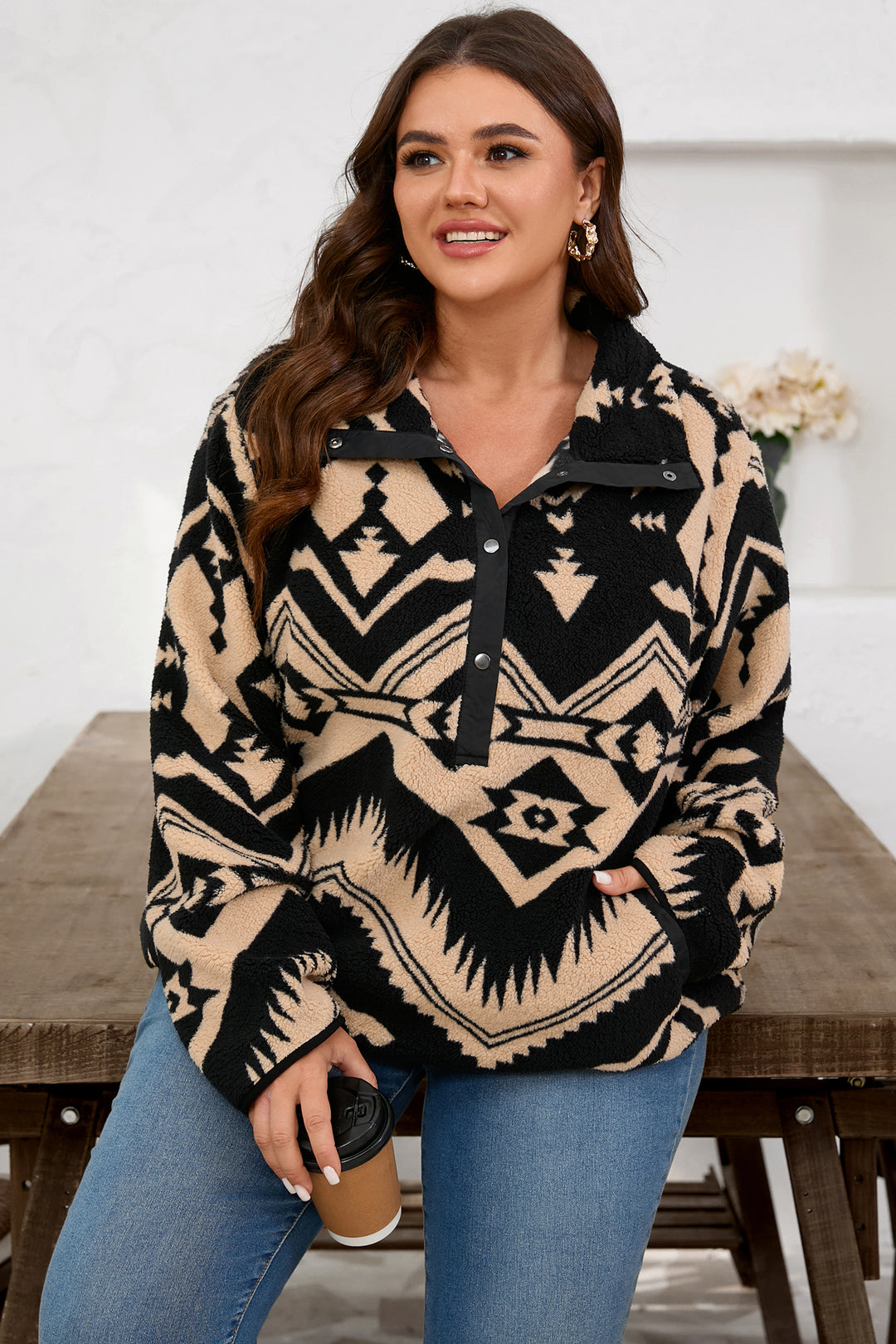 Black Plus Size Western Aztec Pattern Half Button Collared Plush Sweatshirt