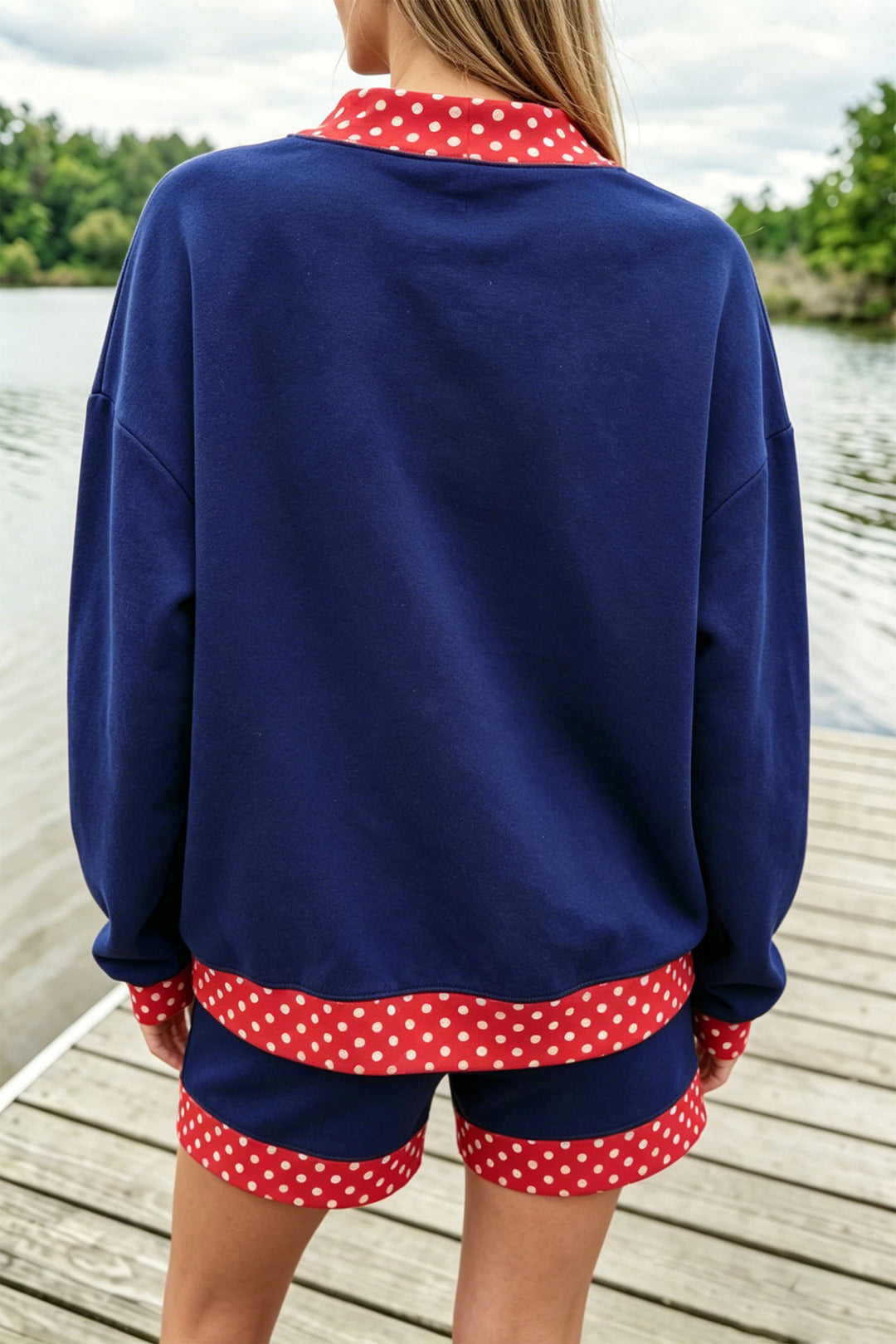 Racing Red Polka Dot Trim Baggy Pullover 2pcs Short Set
