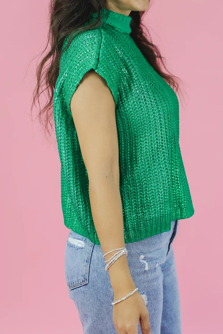 Bright Green Solid Color Knit High Neck Short Sleeve Sweater