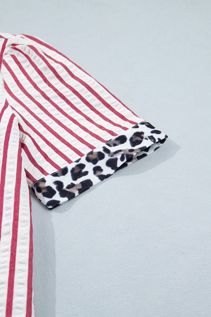Red Stripe Leopard Contrast Trim Half Button Blouse