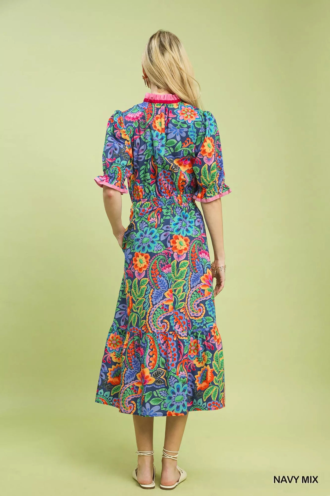 Umgee Mix Floral Midi Dress with Ruffle Trim