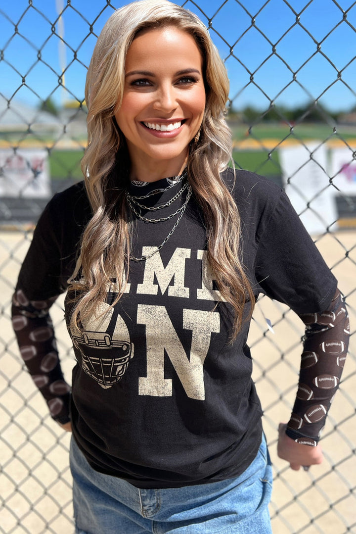 Black Game Day Rugby Mesh Sheer Long Sleeve Top
