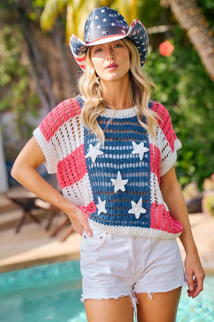 BiBi Crochet Star Patches 4th Of July Sweater Cover Up