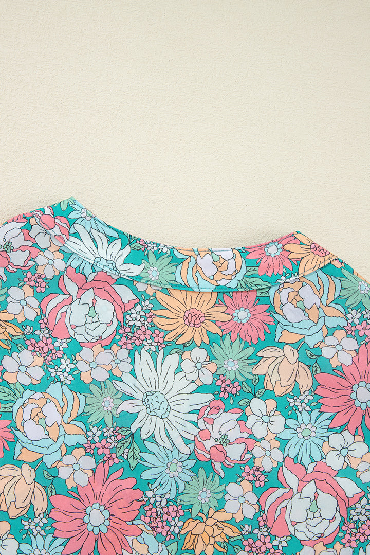 Multicolour Notched Neck Puff Short Sleeve Floral Blouse