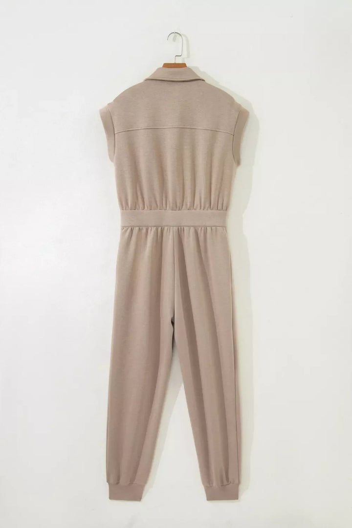 Solid Color Zip Front Short Sleeve Collared Jumpsuit