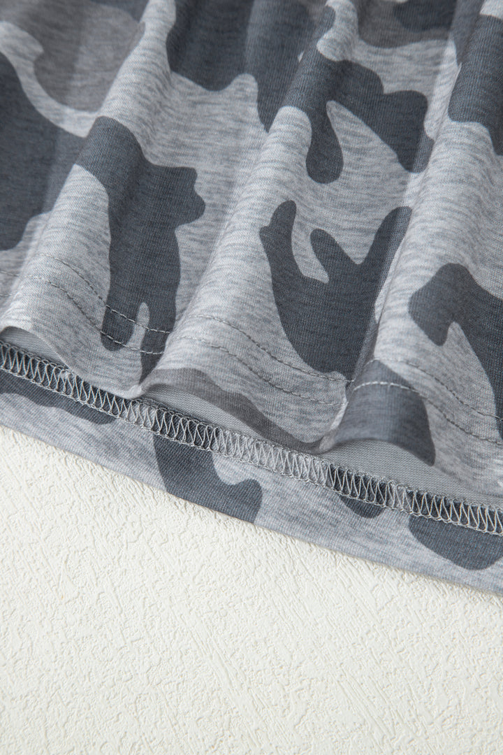 Gray Camouflage Print Round Neck T Shirt