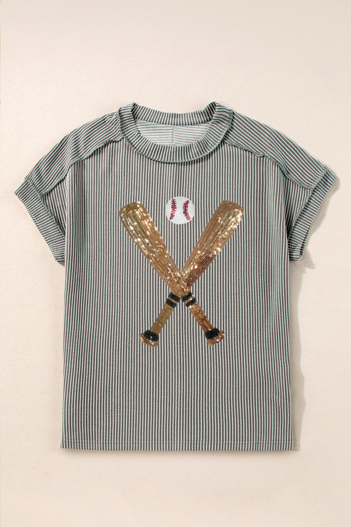 Medium Grey Sequin Baseball Pattern Corded Crewneck T Shirt