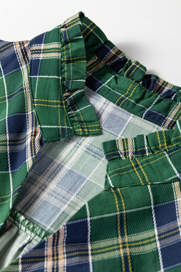 Green Plus Size Plaid Long Sleeve Notched Neck Shift Mini Dress