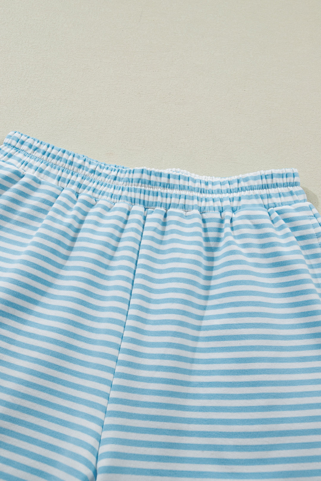 Sky Blue Stripe Cuffed Sleeve Contrast Mock Neck Tee Casual 2pcs Short Set