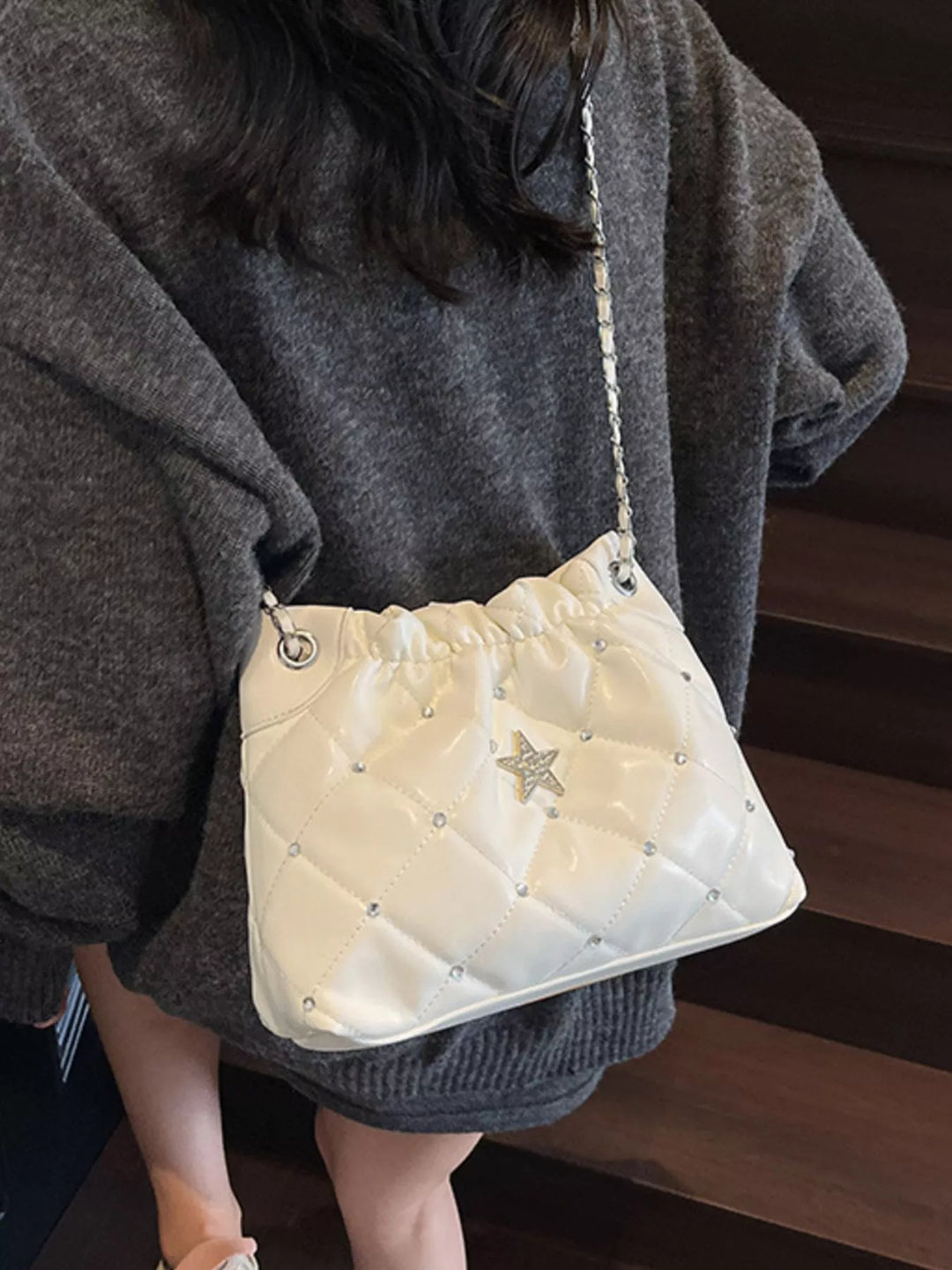 Quilted Rhinestone Star Decor Shoulder Bag
