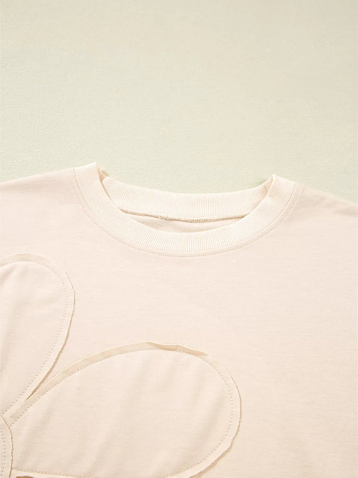 Raw Edge Flower Patch Drop Shoulder Casual Top