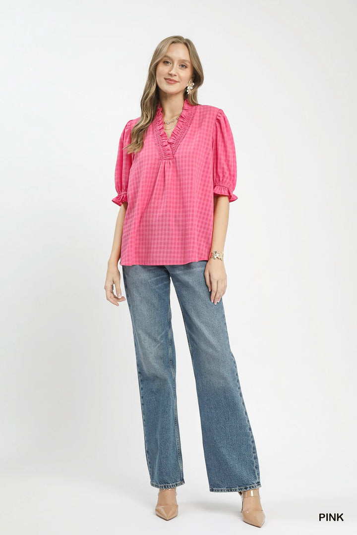 Umgee Textured Check Ruffle V-Neck Blouse