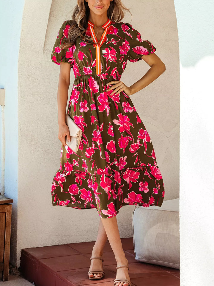Floral Print Split Neck Short Puff Sleeve Ruffle Hem Dress