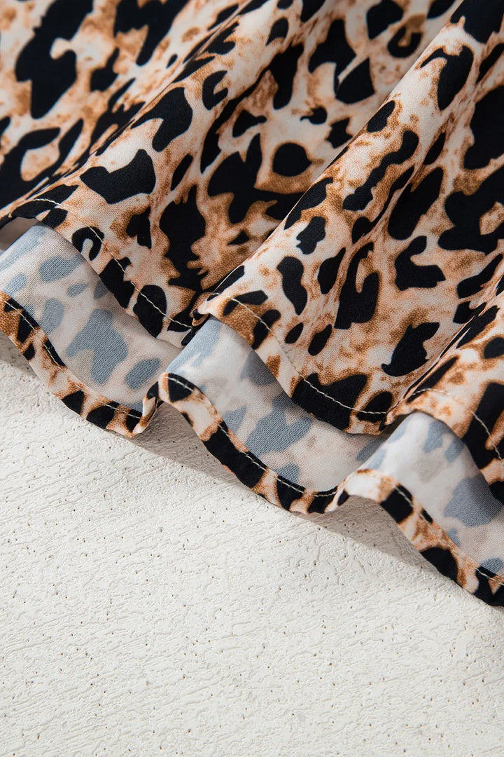 Leopard Notched Half Sleeve Blouse
