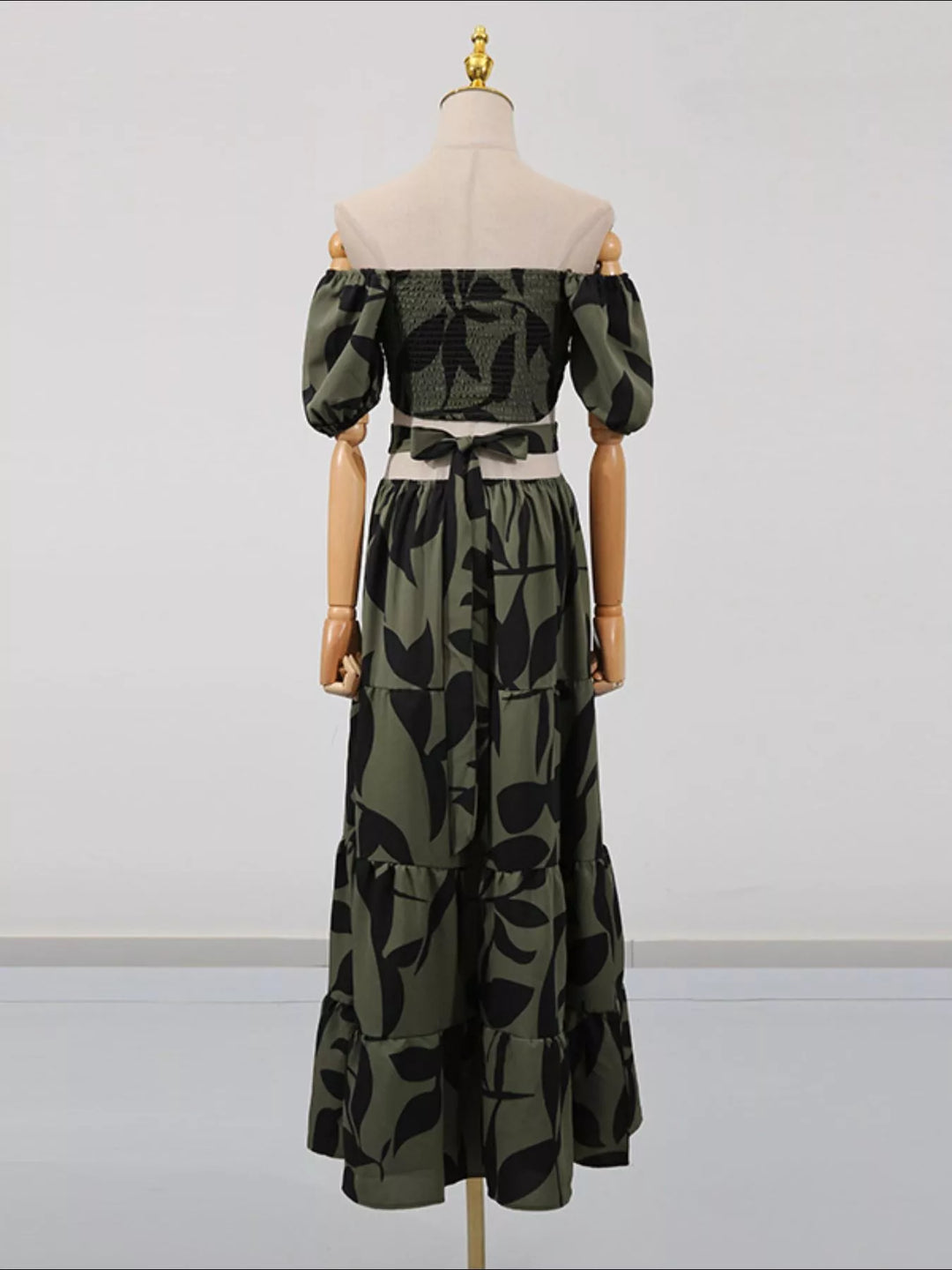 Off-Shoulder Cutout Leaf Print Maxi Dress