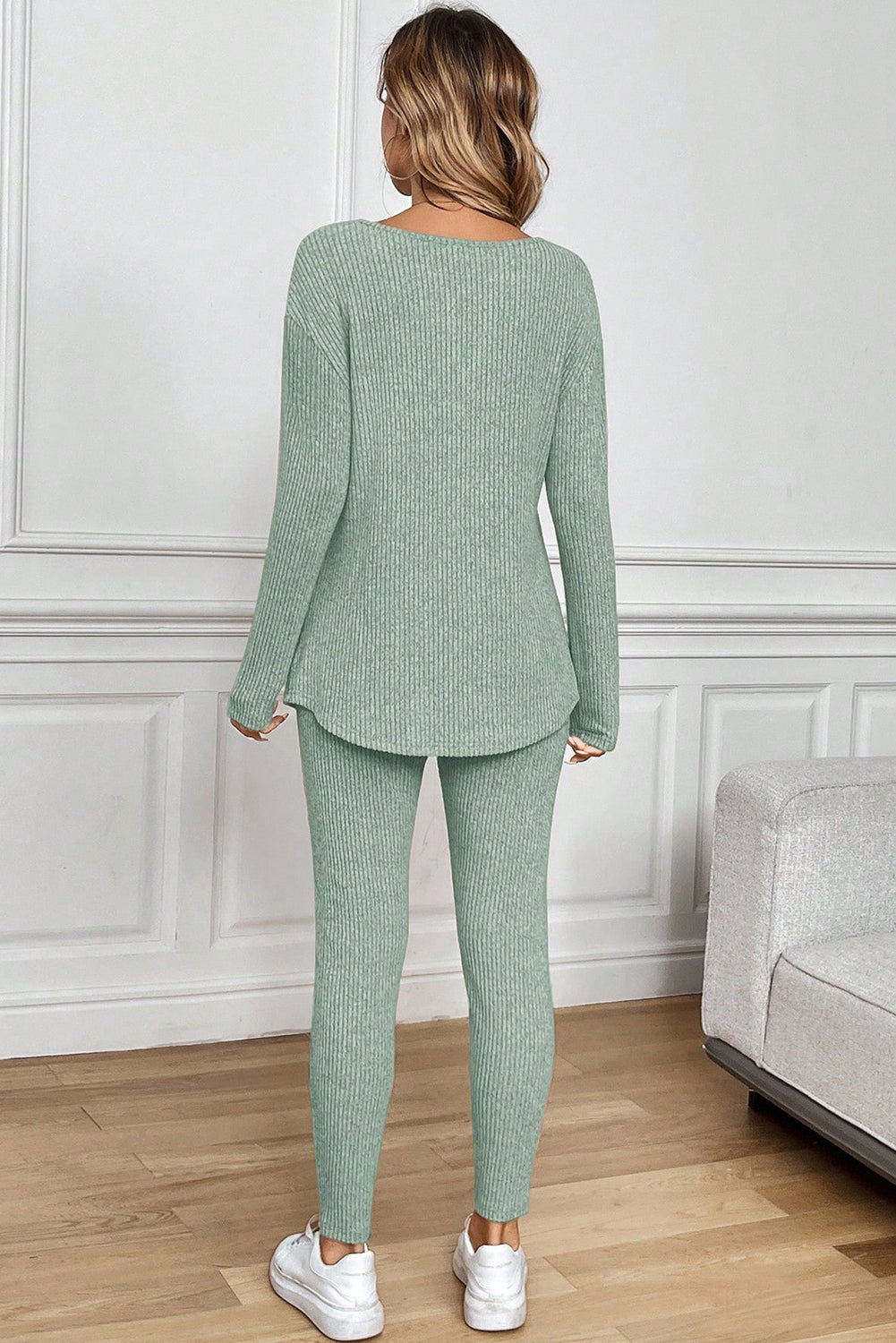 Grass Green Ribbed Notched Neck Knit Long Sleeve Leggings Two Pieces Lounge Set