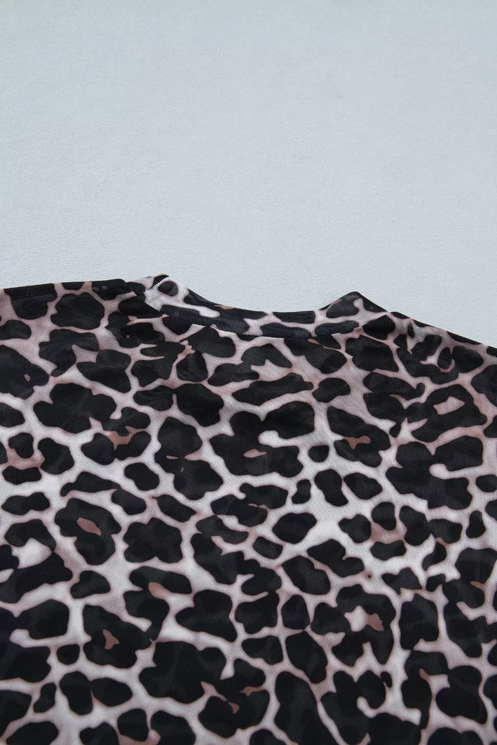 Leopard Print Sheer Mesh Short Sleeve Top