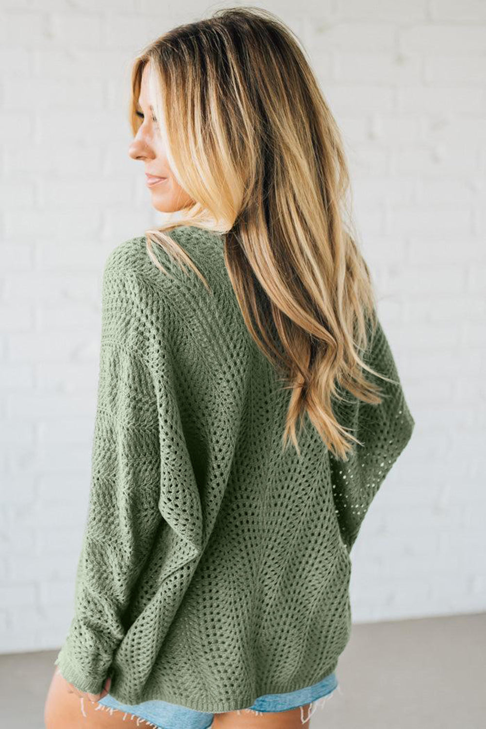 Green Bay Scalloped Edge Eyelet Knit Batwing Sleeve Cardigan
