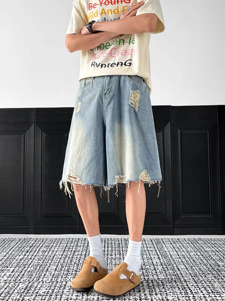 Men's Full Size Distressed Wide Leg Denim Shorts Plus Size