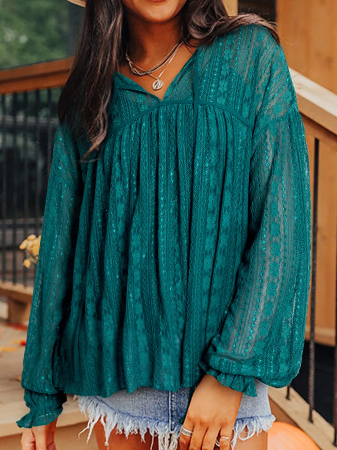 Lace Tie Neck Long Sleeve Blouse
