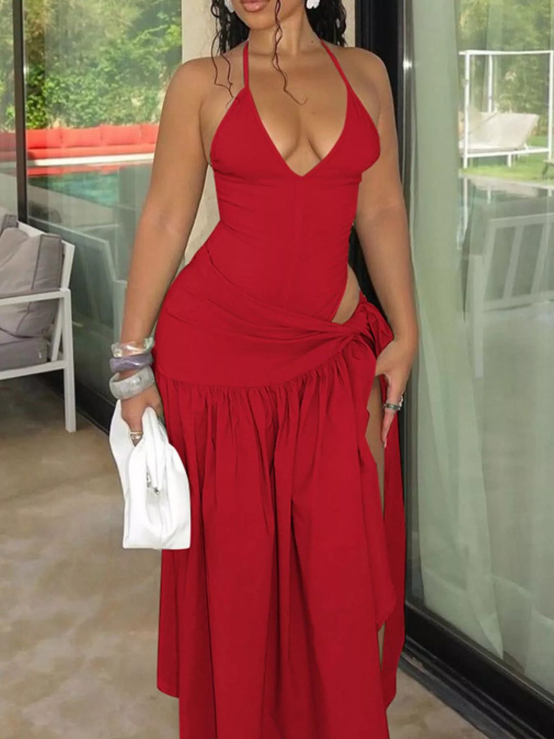 Halter Neck Ruched Bodysuit and Maxi Skirt Set