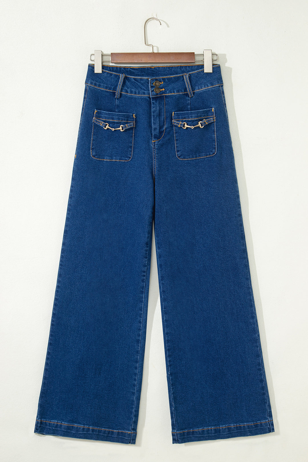 Sail Blue Hardware Decor Patched Pockets Wide Leg Denim Pants