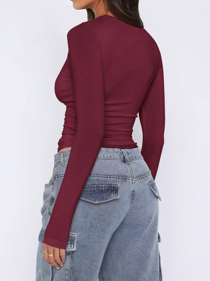 Ruched Asymmetrical Neck Long Sleeve T-Shirt