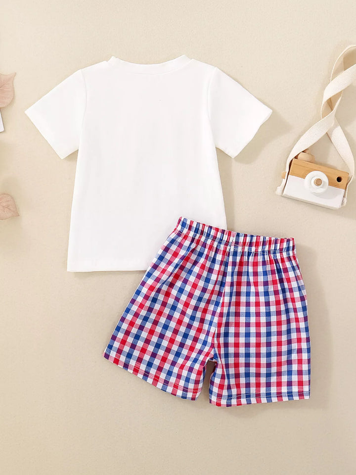 Children's Fireworks Round Neck Tee and Plaid Shorts Set