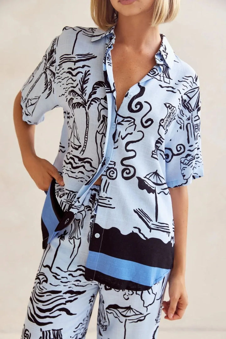 Printed Button Up Shirt and Pants Set Plus Size
