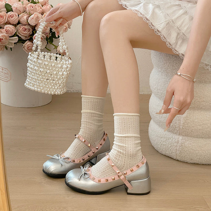French Ballet Single Shoes Women's Summer 2026 New Style Shallow Bow Fold Rivet Mary Jane Women's Shoes