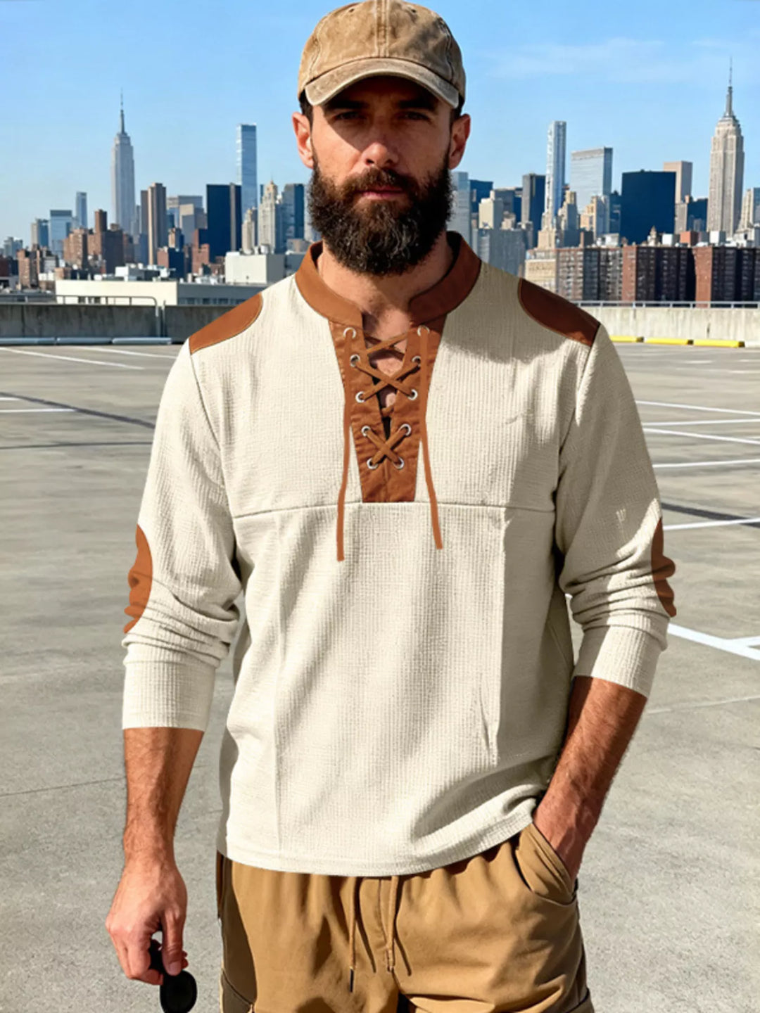 Men's Full Size Vintage Lace-Up Long Sleeve T-Shirt Plus Size