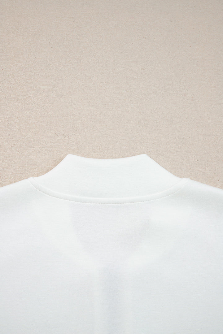 White Solid Color Zip Up Knit Puff Sleeve Jacket