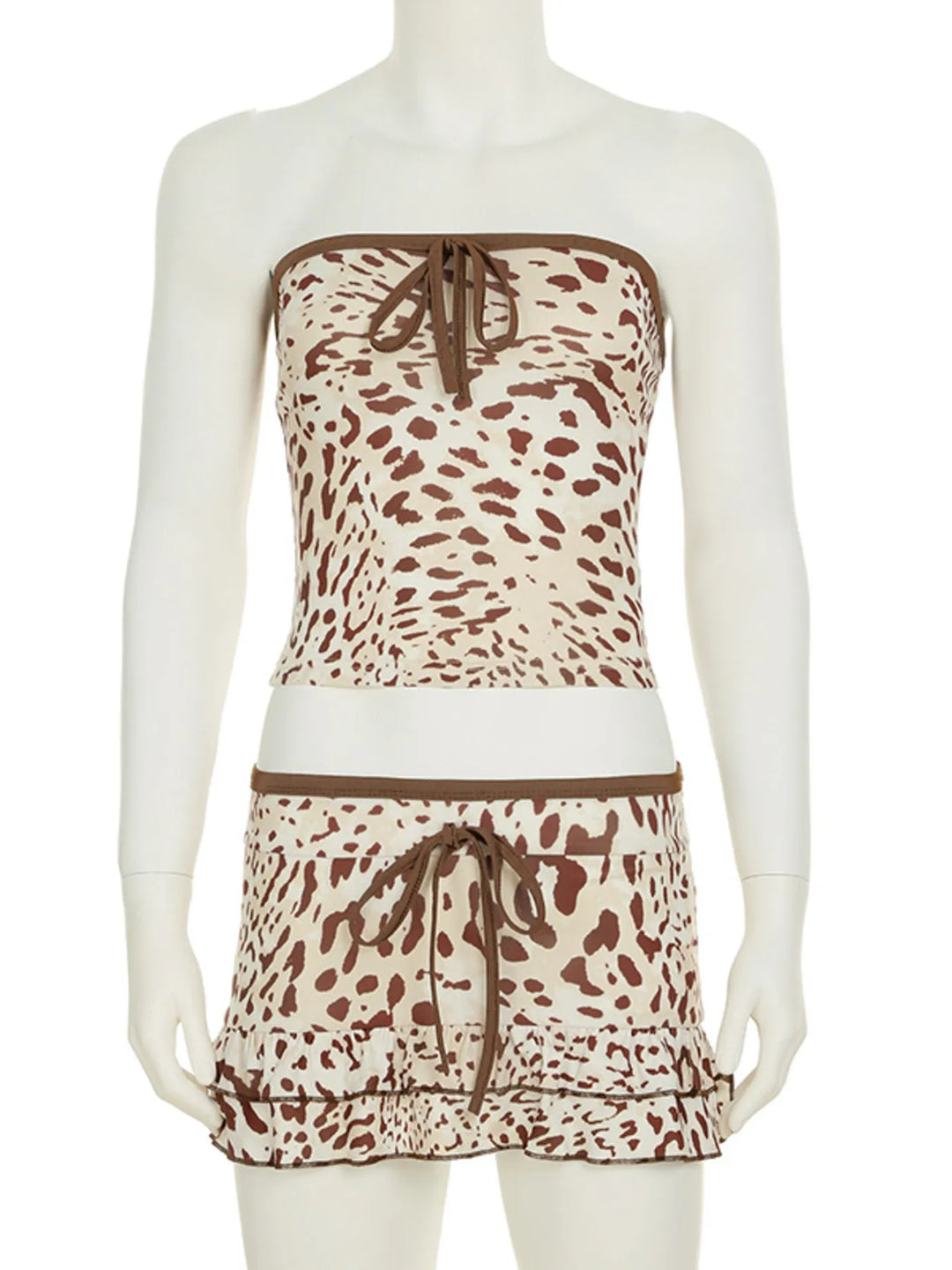 Leopard Print Strapless Top and Skirt Two-Piece Set