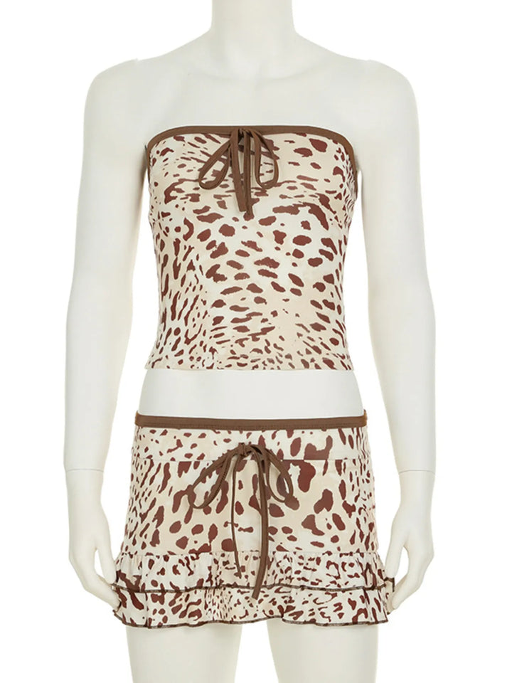 Leopard Print Strapless Top and Skirt Two-Piece Set