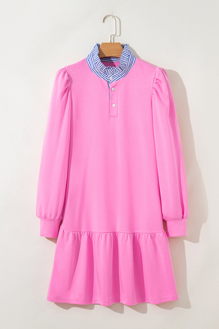 Pink Contrast Striped Collar Patchwork Puff Sleeve Ruffle Hem Mini Dress