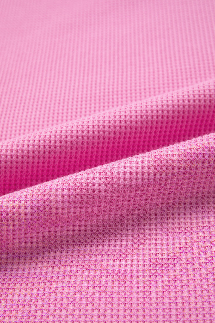 Bright Pink Waffle Textured Contrast Striped Patchwork Loose T Shirt